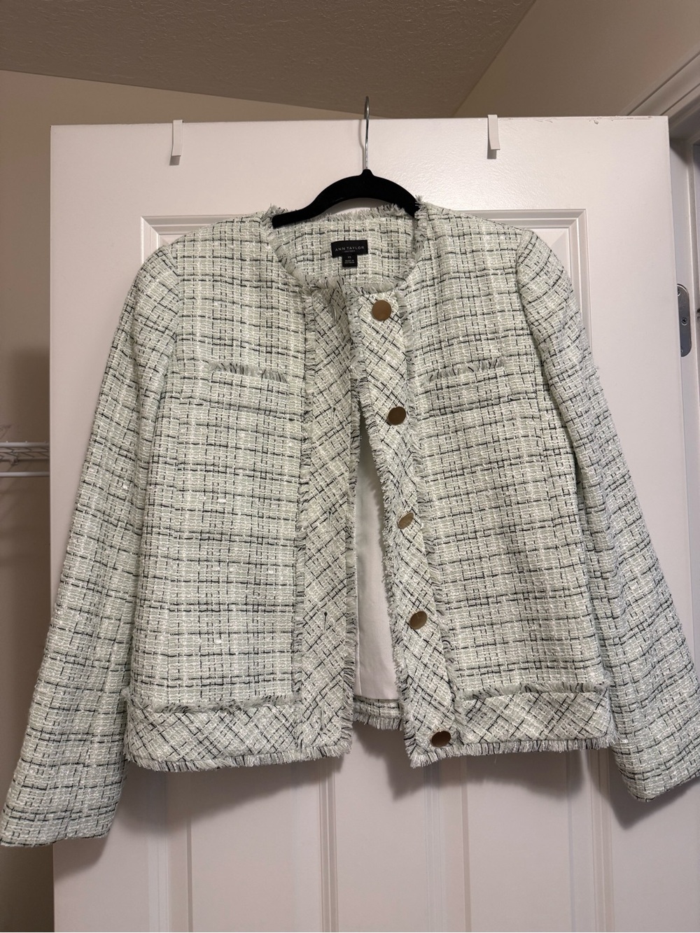 Ann Taylor Factory Pale Green Tweed Fringe Jacket